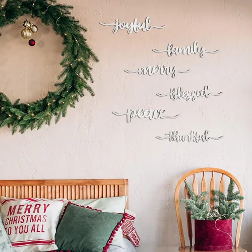 Vista 4 de 12 piezas de Navidad Thankful Blessed Merry Joyful Peace Family Recorte de madera rústico Thankful Plate Letrero de letras decoración de letra