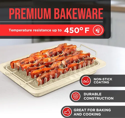 Vista 4 de Bandeja de tocino - Juego de 2 piezas – Revestimiento de mármol – Bandeja de cocina duradera y antiadherente para tocino – Bandeja de piedra blanca
