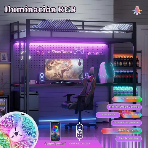 Vista 4 de Greenvelly Cama alta de metal con escritorio, cama individual tipo loft de tamaño matrimonial con enchufe de carga USB, luces LED, litera