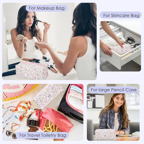 Vista 8 de SINOKAME Lindas bolsas de maquillaje de coqueta floral, Frutos de flores beige, Lindo y estético