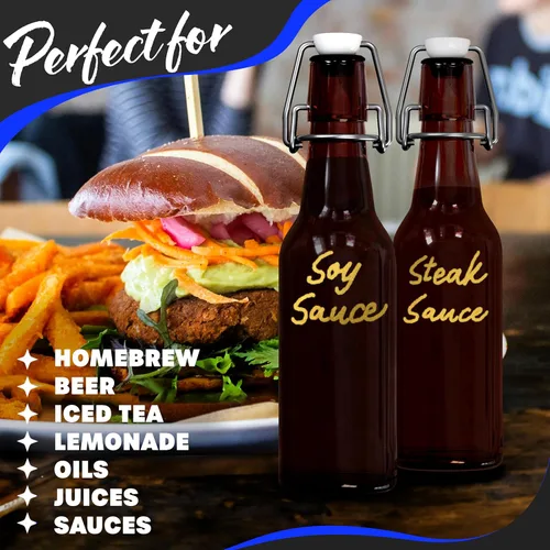 Vista 7 de Nevlers 8.5 Oz Botellas de vidrio ámbar para cerveza de 12 unidades Botellas de vidrio con tapa abatible con tapas herméticas Juego de botellas