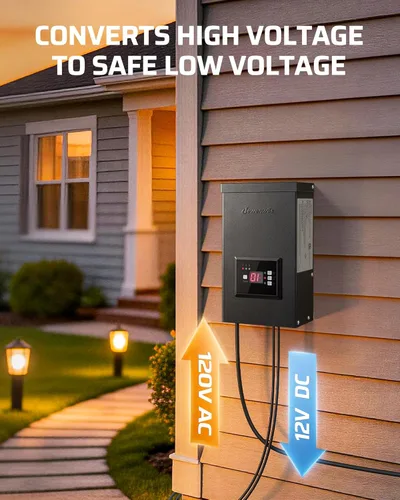 Vista 2 de DEWENWILS Transformador de bajo voltaje de 200 W con 3 salidas de control independientes, transformador de paisaje con temporizador y sensor