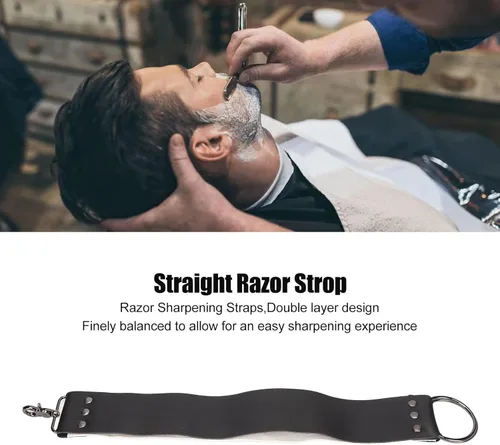 Vista 7 de Strop de cuero negro con ganchos de anclaje de latón para afilar cuchillos, rasurar corte recto, herramienta de limpieza duradera para maquinillas