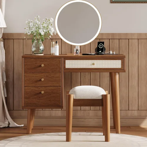 Vista 10 de Mid-Century - Escritorio moderno con espejo abatible y luces, mesa de maquillaje marrón de 39 pulgadas con 3 cajones, 10 compartimentos, taburete