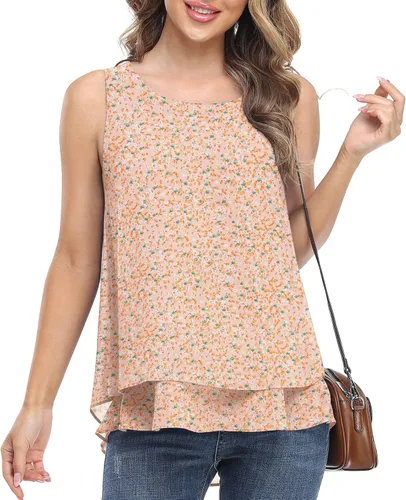 Vista 2 de Timeson - Camiseta de gasa sin mangas, blusa casual de doble capa para mujer