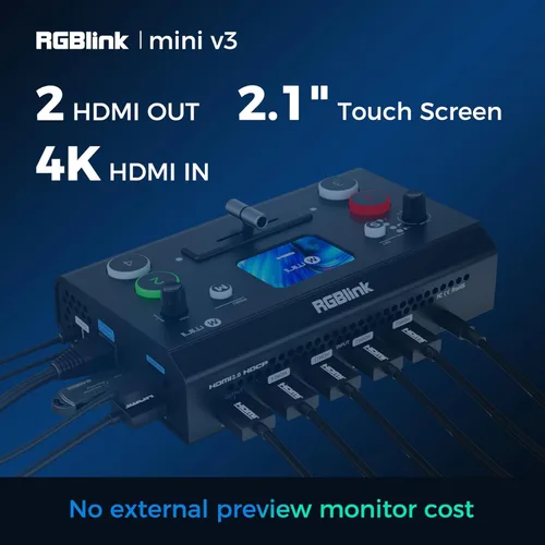 Vista 3 de RGBlink Mini V3 Conmutador de Video con Características Personalizables a través de la Nube TAO – Conmutador HDMI 4K, Pantalla Táctil de 2.1