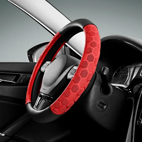 Vista 10 de Cubierta de Volante de Masaje PIC AUTO, Cubierta de Volante de Coche de Cuero Beige y Material de Patrón de Fútbol Rosa Combinado, Cubierta