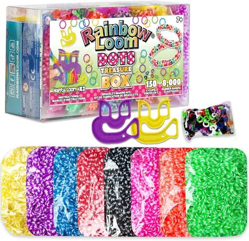 Rainbow Loom® Treasure Box DOTS Edition (edición a lunares) - Kit de 8,000 bandas de goma en 8 colores diferentes a lunares y 2 telares felices,