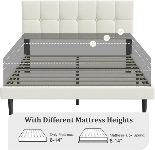 Vista 8 de IOILORI - Marco de cama tamaño Queen, marco de cama tapizada tamaño Queen con cabecero, cabecero tapizado, listones de madera resistentes