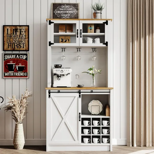 Vista 13 de 4ever2buy Barra de café de granja con gabinete, gabinete de buffet de 31 pulgadas con puerta corrediza de granero, armario de barra de Gris