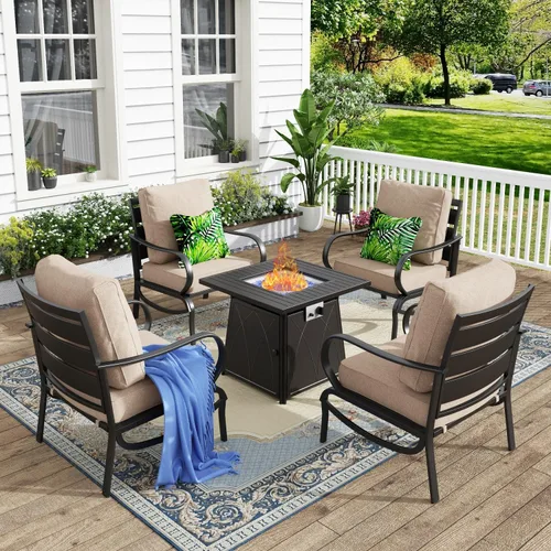 Vista 56 de MFSTUDIO Juego de muebles de patio de 6 piezas con mesa de fogata de gas de 45 pulgadas (hasta 7 asientos), sofás de conversación de patio con marco