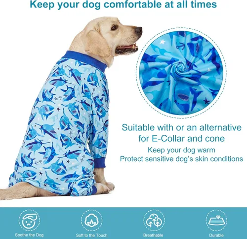 Vista 3 de LovinPet Ropa Pit Bull: pijamas para perros grandes, mameluco ligero, estampado de acción de tiburón marino, ropa para perro, protección UV