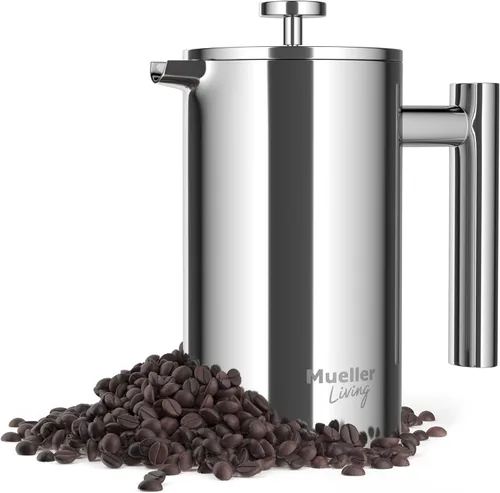 MuellerLiving - Cafetera de prensa francesa MuellerLiving de 20 oz, prensa francesa de café de acero inoxidable, 4 filtros resistentes al calor,