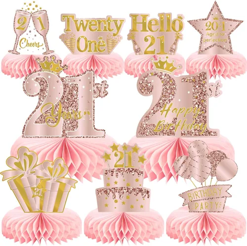 Vista 15 de 9 piezas de decoración de cumpleaños número 13, centros de mesa de cumpleaños rosa rosa dorado para niñas, centros de mesa de feliz cumpleaños 13