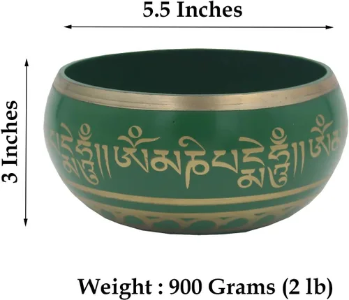 Vista 3 de DharmaObjects Juego completo de cuenco tibetano de meditación Om Mani Padme Hum (XL, verde)