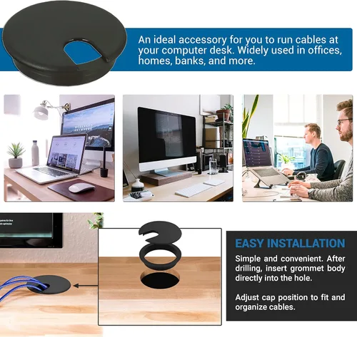 Vista 4 de Rok Hardware 2" (51 mm) Negro Redondo Escritorio Escritorio Puerto Cable Cable Cable Organizador Agujero Cubierta Ojal, ROKRG2BLK