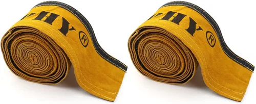 TIG - Funda para cable de soldadura para antorcha de soldadura, paquete de 2 fundas amarillas de cuero resistente al fuego de 137 x 4 pulgadas (11.5