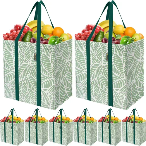 Vista 26 de BALEINE Paquete de 2 bolsas de comestibles reutilizables con parte inferior reforzada, bolsas plegables resistentes (follaje antiguo)