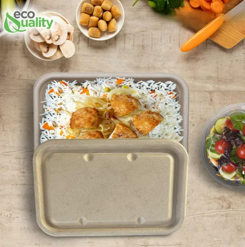 Vista 7 de EcoQuality Cuencos desechables de 22 onzas con tapas de fibra, cuencos rectangulares de papel biodegradable de fibra de caña de azúcar compostable