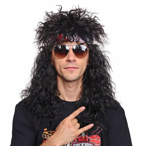 Vista 3 de Peluca de los años 80 con bandana para hombre, peluca negra de cosplay larga y rizada para Halloween