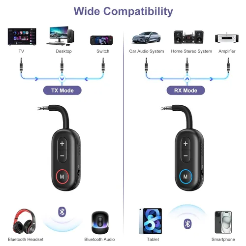 Vista 5 de JXTZ Receptor transmisor Bluetooth 5.3, adaptador de audio inalámbrico 2 en 1 para TV, auriculares, altavoz, adaptador Bluetooth auxiliar