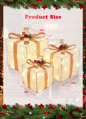 Vista 6 de 3 Cajas de Regalo Iluminadas Decoraciones de Navidad, 12 pulgadas 10 pulgadas 8 pulgadas con 60 Mini Luces de Cadena Preencordadas, Cajas de Regalo