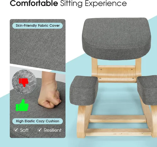 Vista 17 de Giantex Silla arrodillada, silla de postura de madera, carga máxima de 330 libras, mecedora con cojín suave, alivio natural para dolor de espalda