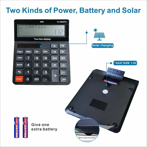 Vista 6 de Calculadora única de batería y solar con memoria de verificación de 120 pasos, 12 dígitos, 2 líneas, extra grande, con botones grandes y pantalla