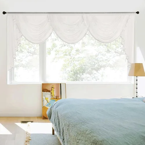 Vista 9 de NICETOWN Cortina de cenefa blanca transparente para sala de estar, cocina estilo granja, cascada, cortinas Victoria pequeñas, cortinas de cuentas