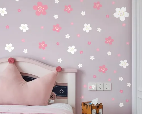 Vista 3 de FLFK 55 calcomanías de pared de flores de cerezo para despegar y pegar, calcomanías de pared para guardería, sala de estar, dormitorio, habitación