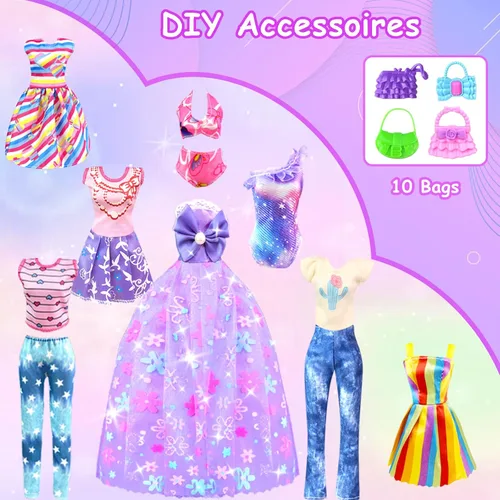 Vista 7 de Ropa y accesorios para muñeca de 11.5 pulgadas y conjunto de vestuario con vestidos de princesa, vestidos de moda, conjuntos, tops y pantalones