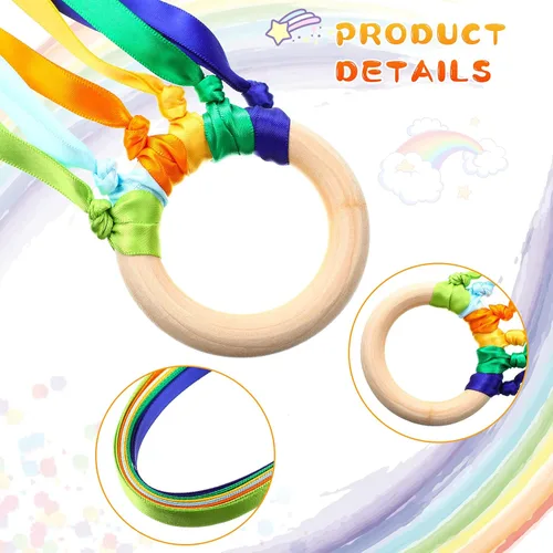 Vista 3 de Deekin 12 piezas de cinta de arco iris de madera Waldorf juguetes creativos Waldorf juego de cometas de mano serpentinas con anillo de madera