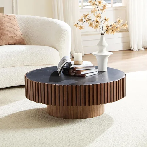 Vista 3 de WILLIAMSPACE Mesa de Café Redonda de 35.43" con Tablero de Piedra Sintética, Mesa Central Circular de Madera Moderna de Estilo Granja para la Sala