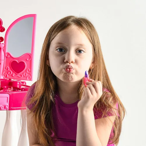 Vista 9 de Play22 Juego de tocador para niñas con espejo y taburete, 21 piezas, juego de mesa de maquillaje para niños con luces y sonidos, incluye accesorios