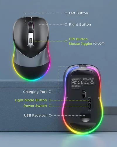 Vista 5 de PEIOUS Ratón inalámbrico, mouse Jiggler para laptop, mouse LED recargable para computadora, mouse movedor aleatorio indetectable con botón