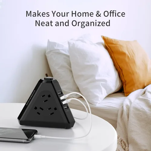 Vista 7 de Regleta protectora contra sobretensiones, salida triangular de 3 lados con 9 salidas de CA múltiples 4 puertos USB, cable de extensión de 6.5 pies