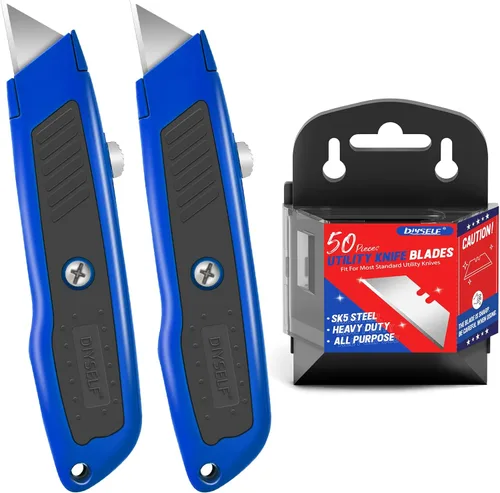 DIYSELF Juego de 2 cortadores retráctiles, cuchillo utilitario retráctil con 50 cuchillas de cuchillo utilitario, cuchillas de acero SK5, cuchillo