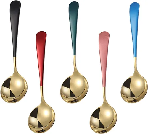 Vista 9 de Cucharas de sopa de acero inoxidable, cucharas de sopa de cabeza redonda 18/10, cuchara coreana moderna de acero inoxidable 304 de mango corto