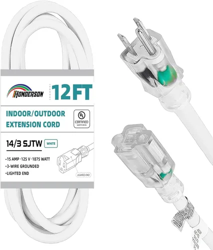 Vista 16 de Cable de extensión iluminado de 3 pies, cable de extensión blanco resistente SJTW 10/3 con enchufe de conexión a tierra de 3 clavijas para mayor