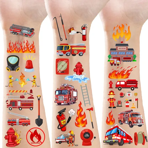 Pegatinas de tatuajes temporales para fiesta de camiones de bomberos 360 bombero fiesta de bomberos cumpleaños baby party favores decoraciones