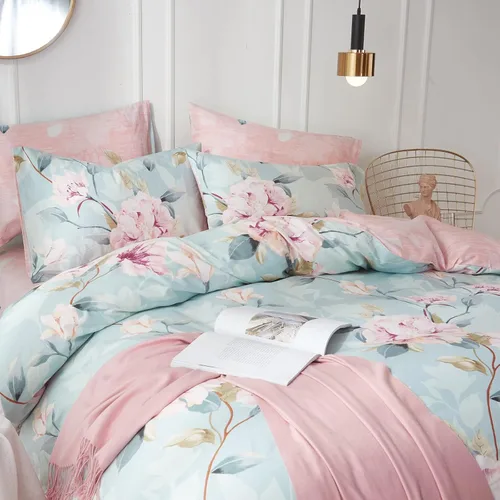 Vista 6 de VClife - Juego de ropa de cama de algodón de 3 piezas, tamaño queen, con estampado floral, ligero, suave, azul y rosa, vintage, funda de edredón