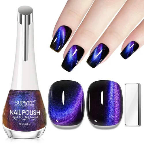 Vista 12 de Esmalte de uñas negro y azul ojo de gato, secado rápido, esmalte de uñas magnético sin gel con imán de secado rápido, manicura de salón