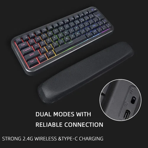 Vista 6 de Teclado inalámbrico para juegos %60, recargable de 2000 mAh, 2.4 G, teclado inalámbrico retroiluminado LED, teclado ergonómico con teclas