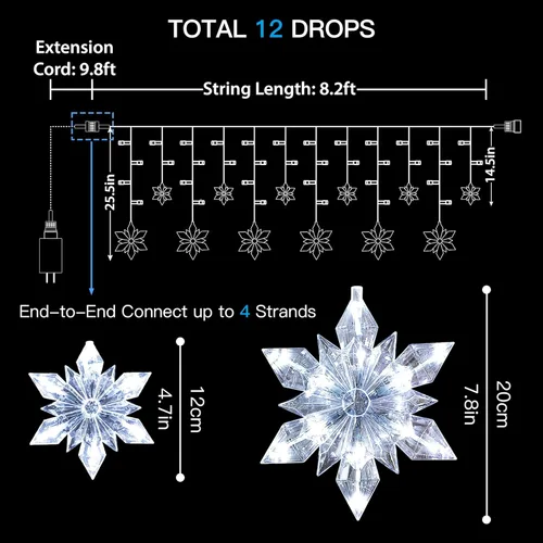 Vista 6 de Luces Navideñas de Copo de Nieve para Exteriores, 8.2 pies, 144 LED Luces de Cadena Navideñas Conectables con Enchufe, Luces Colgantes de Carámbano