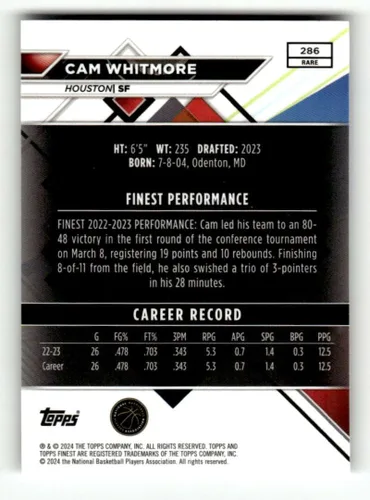 Vista 2 de 2023-24 Topps Finest #286 Cam Whitmore RC Rookie Houston Rockets Basketball Base Trading Card