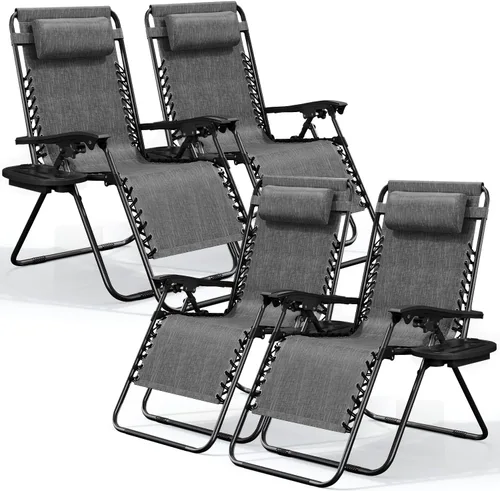 Vista 28 de Nestl Zero Gravity - Juego de 2 sillas de patio al aire libre con almohadas y bandejas portavasos, silla de campamento reclinable de malla de acero