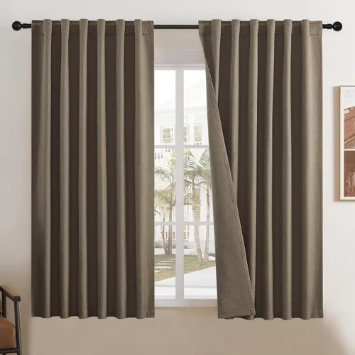 Vista 61 de DUALIFE - Cortinas de lino opacas beige de 54 pulgadas de largo, con pestaña trasera y bolsillo para cortinero, cortinas estrechas para dormitorio