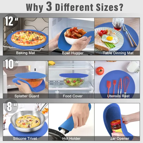 Vista 2 de KooMall Alfombrilla multiusos para microondas de 12, 10 y 8 pulgadas, salvamanteles, soportes para ollas, secar, hornear, tapete de lugar, soporte