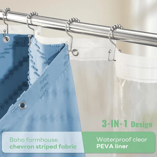 Vista 20 de Dynamene - Cortina de ducha de tela bohemia con rayas con chebrón en relieve, juego de cortina angosta para baño, media cortina impermeable