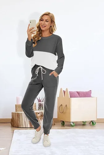 Vista 4 de Fengbay Conjunto de dos piezas para mujer, manga larga, cuello redondo, sin botones, pantalones deportivos y sudaderas con bolsillos